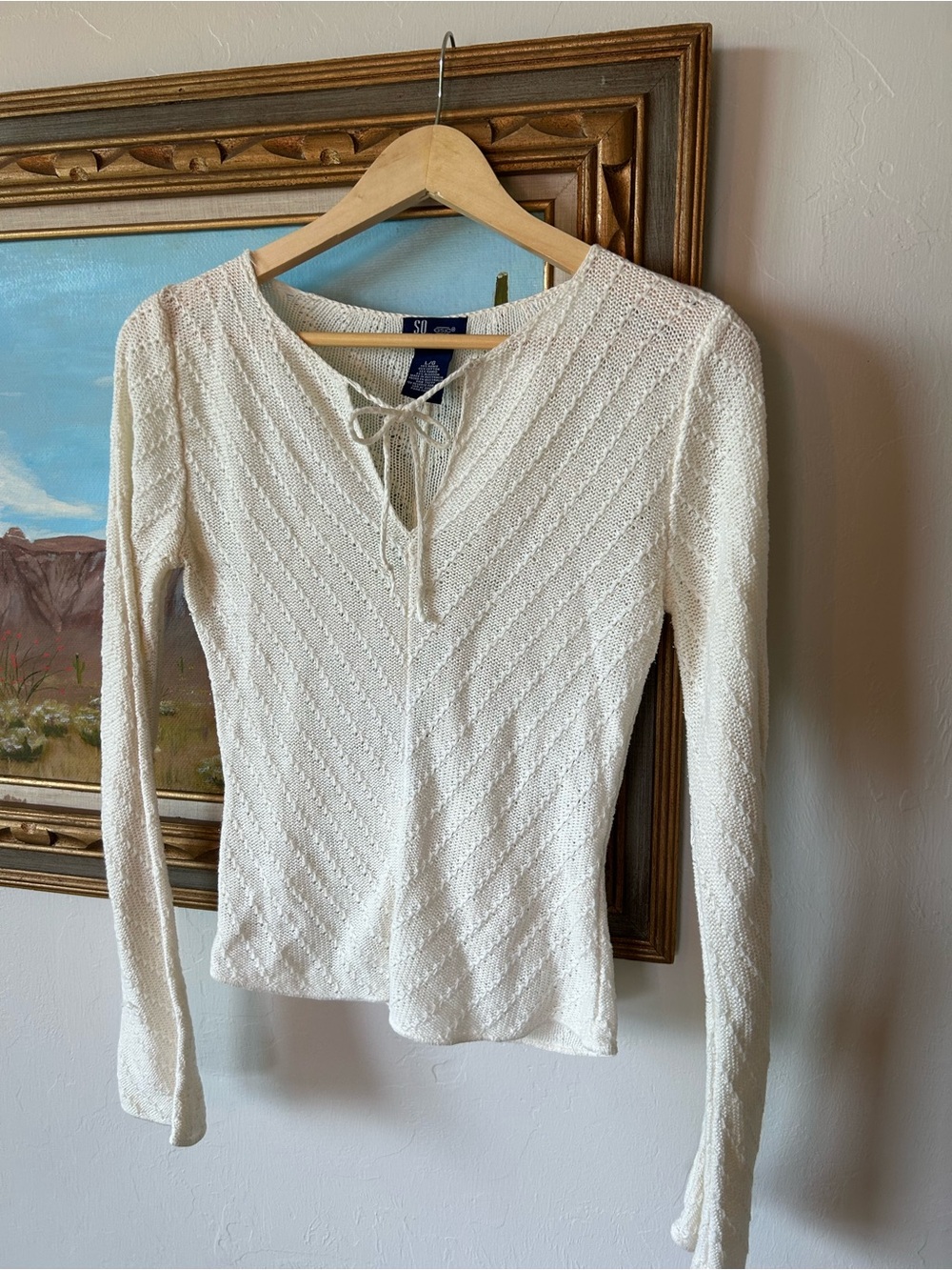 Vintage Y2K Ivory Knit Long-Sleeve Tie-Neck Top